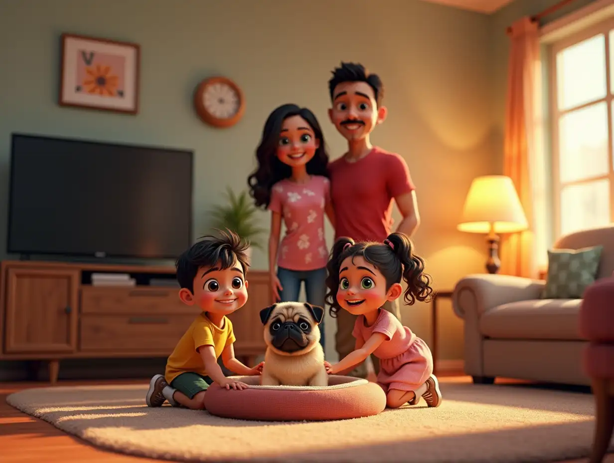 Family-of-Four-with-Cute-Pug-in-Cozy-Living-Room-During-Evening