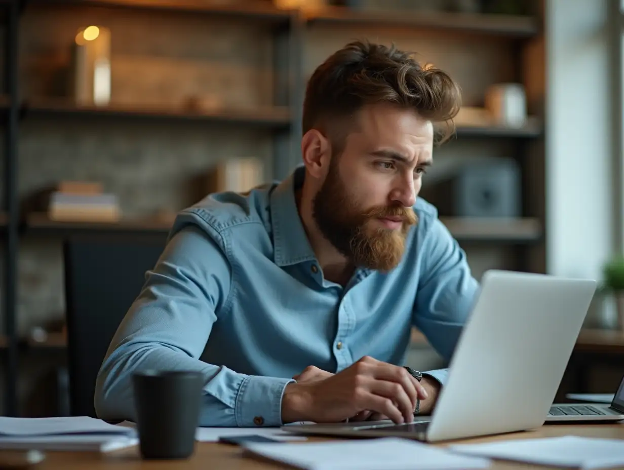 Create an Albanian man working, and not evaluated by the boss at work, 16:9