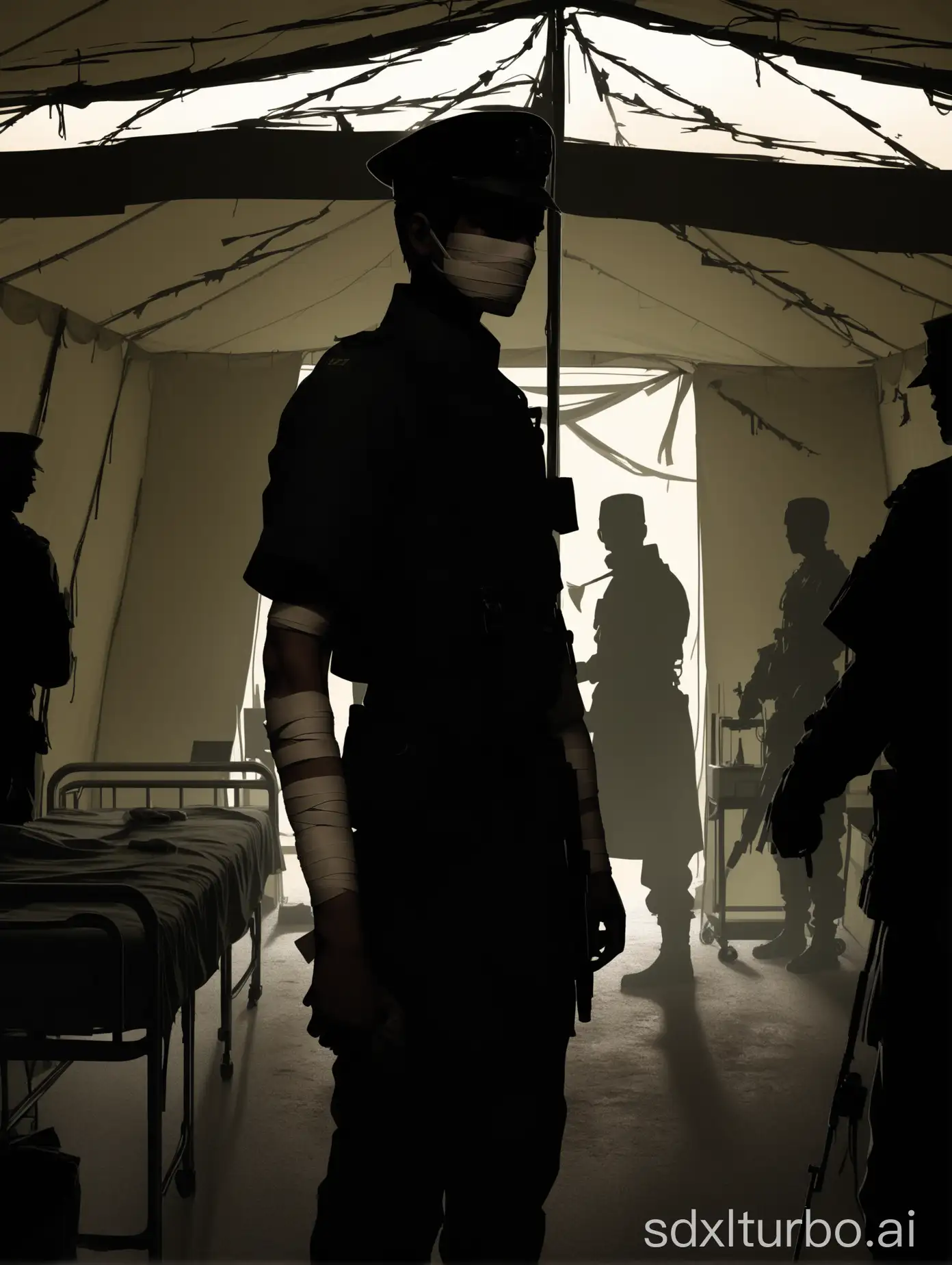 Silhouette of a young man with bandages on his right arm and part of his face, wearing a uniform of a guard in a post-apocalyptic medical tent. He stands at attention near the entrance of a makeshift infirmary, with medical staff working in the background.