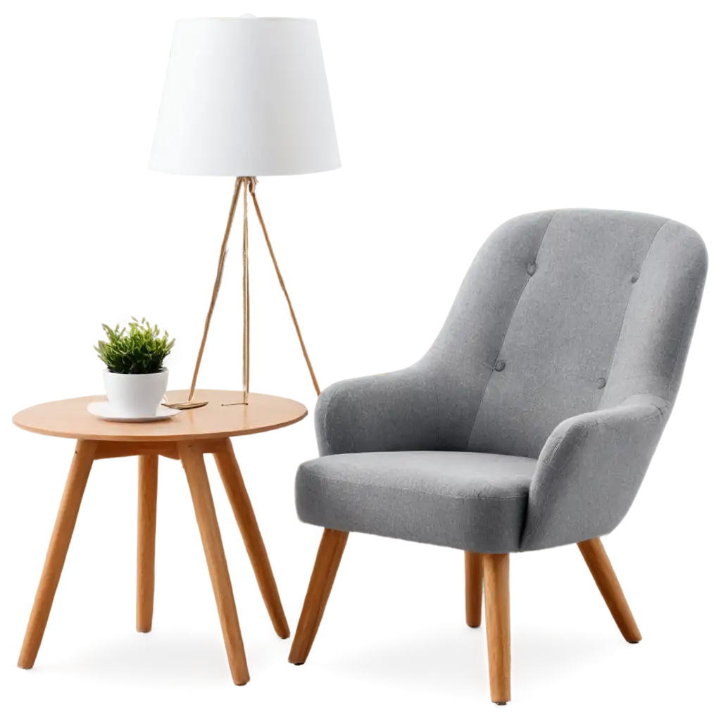 Lambeth-Chair-Grey-PNG-with-Wooden-Legs-Books-Tea-Cup-and-Lamp-Interior-Design-Element