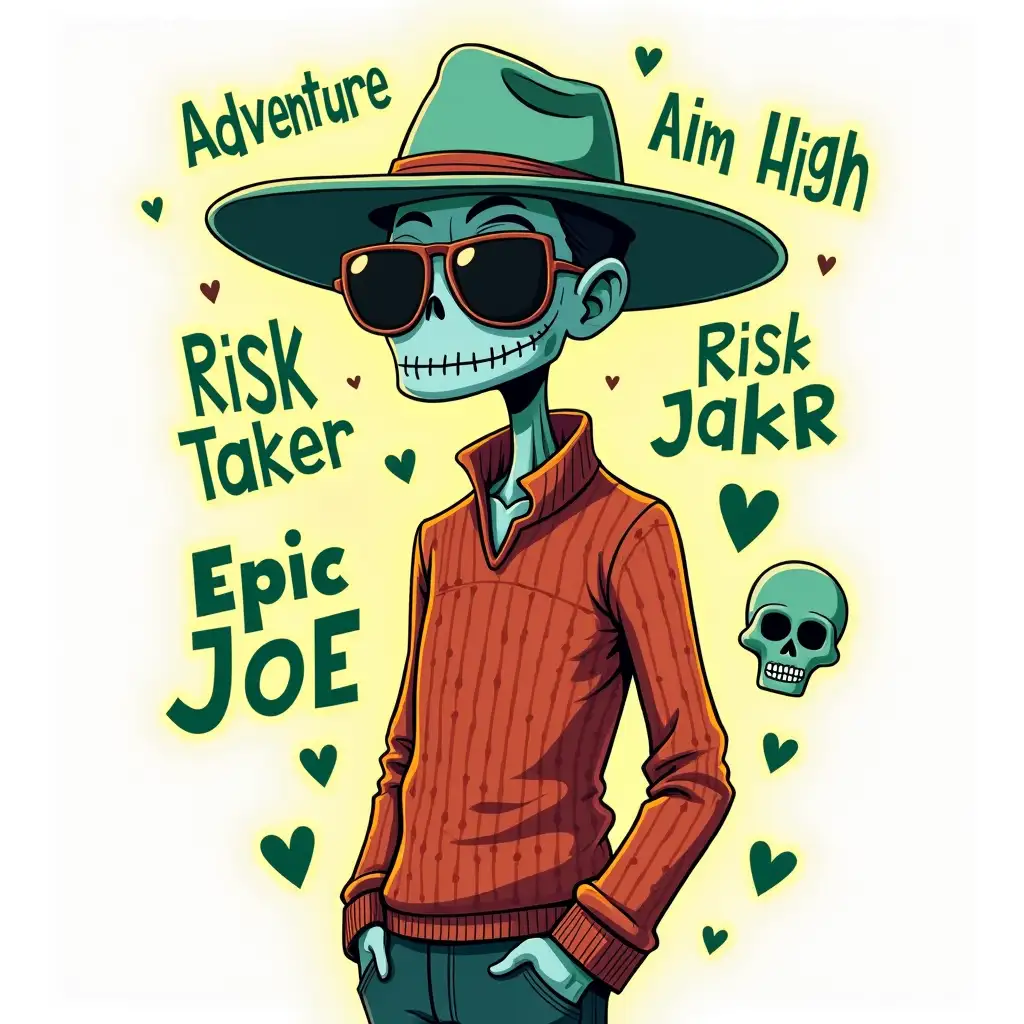 A tall, mysterious humanoid character stands confidently, slightly off-center to the left, depicted with light blue, almost grayish-blue skin and distinctive skeleton-like stitched features. This enigmatic figure exudes a secretive aura, wearing a mint green wide-brimmed hat with subtle brown accents, casting a shadow over sleek aviator-style glasses. Their attire is a fitted red-orange knit-patterned top that hints at hidden stories within its texture, with their hands casually tucked into their pockets, projecting a sense of calm intrigue. The background introduces an eerie yet captivating neon gold/yellow radiance, with cryptic green text phrases such as 'Adventure', 'Risk Taker', 'Epic Joe', 'Courage', and 'Aim High'. These words are creatively styled in a bold, sans-serif font, mingling with large, stylized symbols like a bold skull and hearts, crafted in a cartoon pop art style. The design contrasts sharply against the plain white backdrop with its bright, flat lighting, inviting viewers to explore the atmosphere of mystery woven into the imagery, desiring an adventurous spirit.