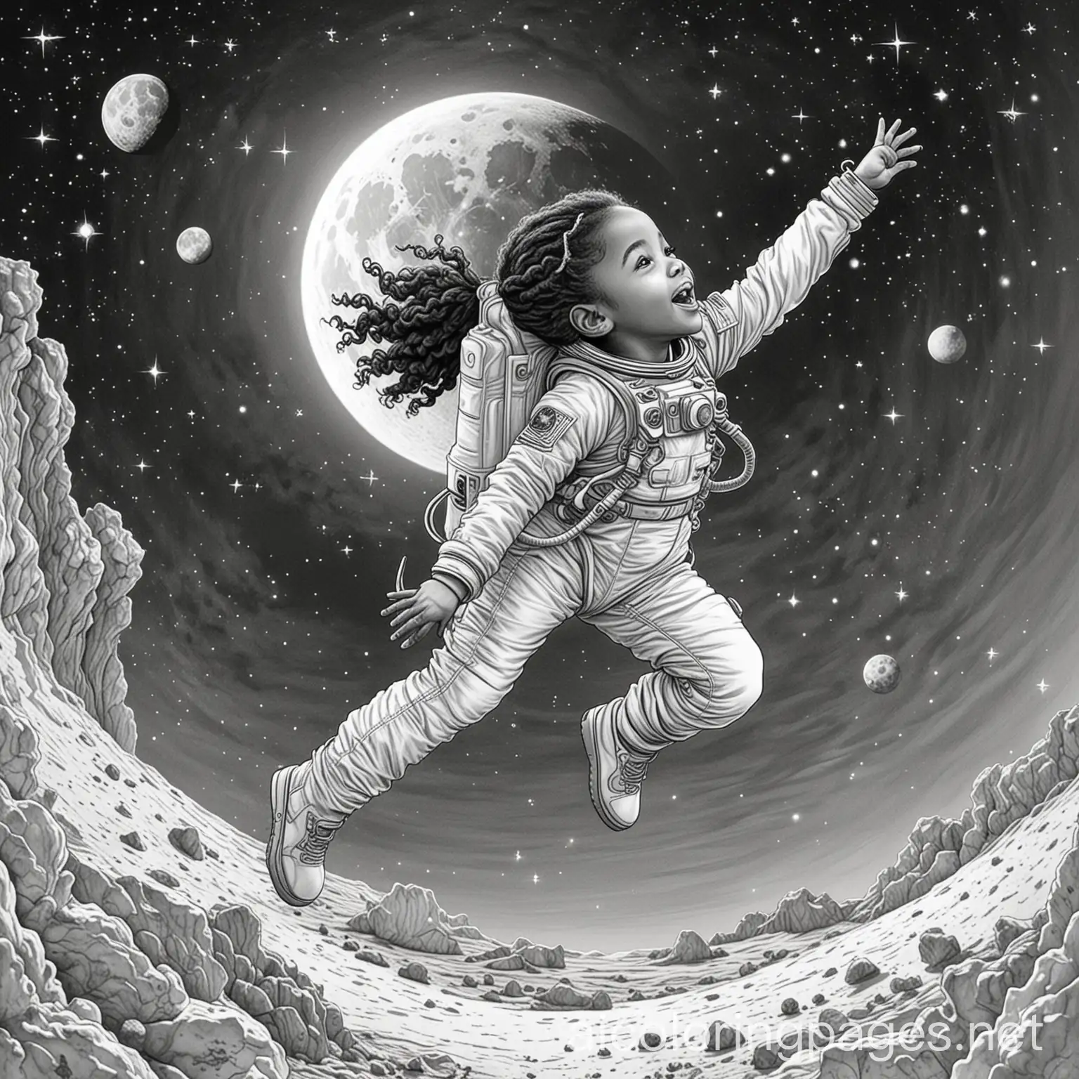 African-American-Little-Girl-Jumping-on-the-Moon-Coloring-Page