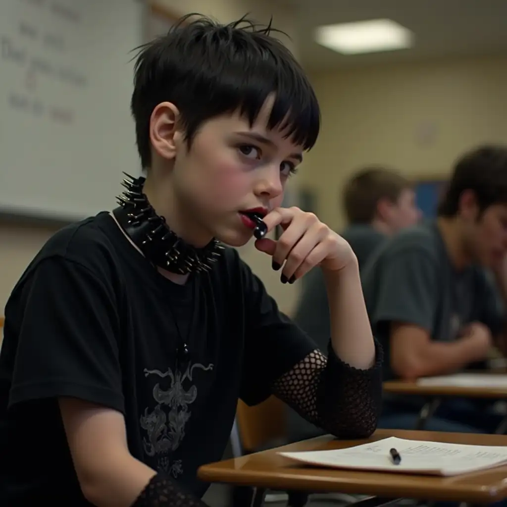 Gothic-Teenager-in-Classroom-with-Black-Lipstick-and-Spiked-Collar