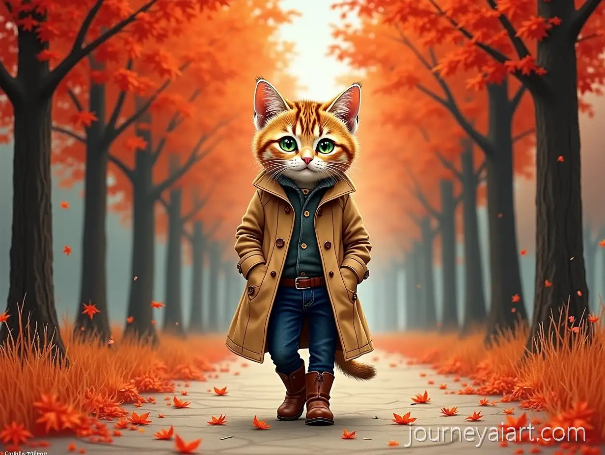 Anthropomorphic-Bengal-Kitten-in-Autumn-Maple-Forest-Strolling-in-Trench-Coat
