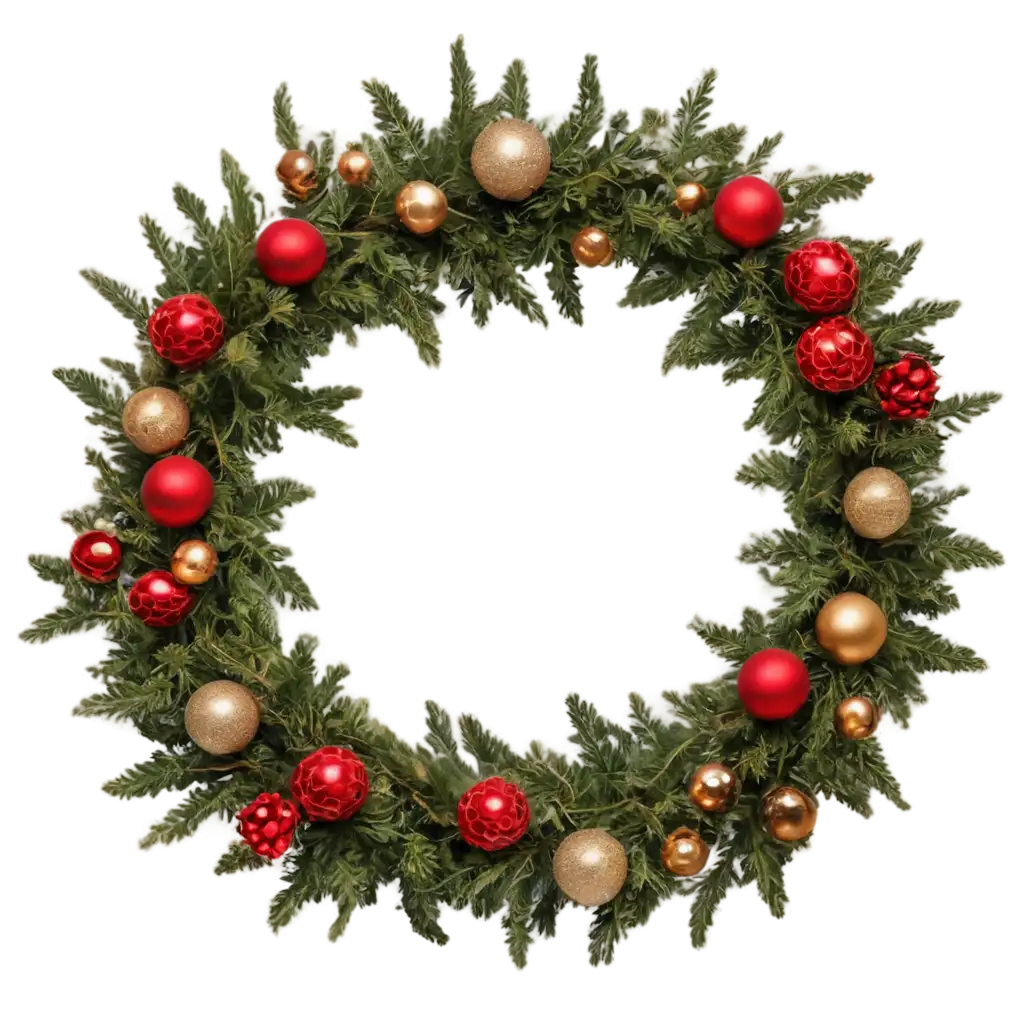 New-Year-Wreath-PNG-with-Tree-Branches-Red-Gold-Decorations-HighQuality-Image-for-Festive-Design