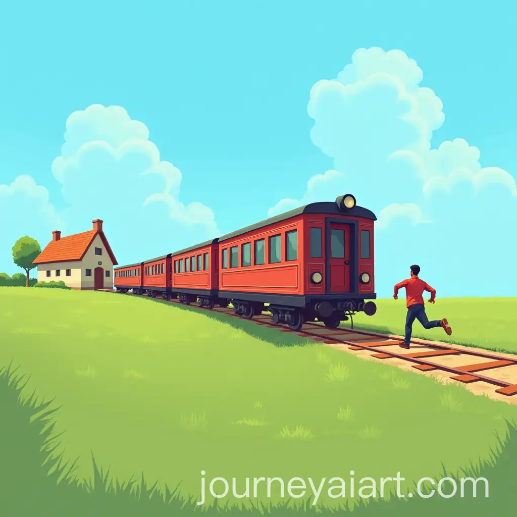 Man-Running-After-Departing-Train-Carriage-on-Green-Lawn-with-Country-House