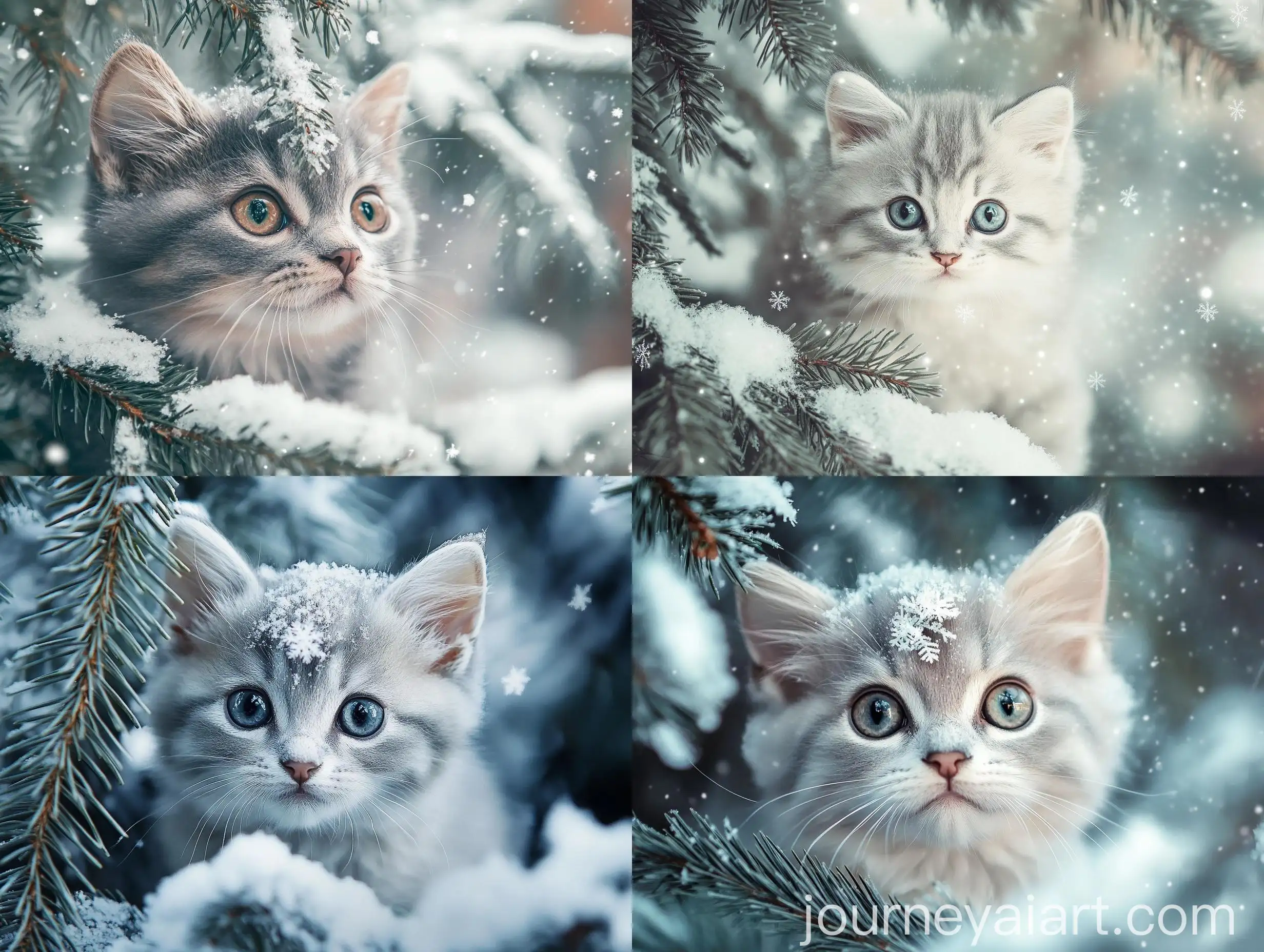 Silver-Kitten-in-Winter-Forest-Among-Fir-Branches