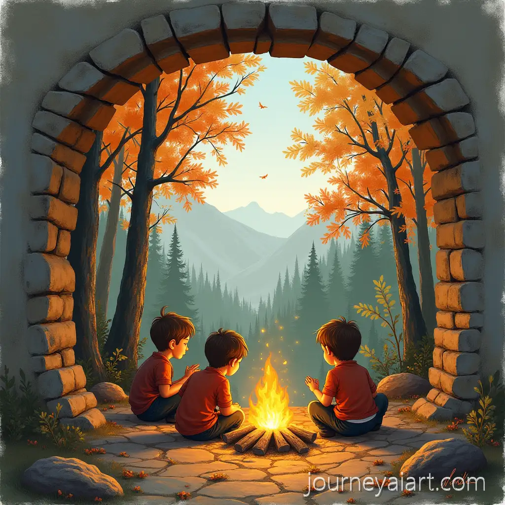 Three-Boys-Sitting-AroundAutumn-forest-fire-scene-a-Fire-in-an-Autumn-Forest-Through-a-Hatch-Opening
