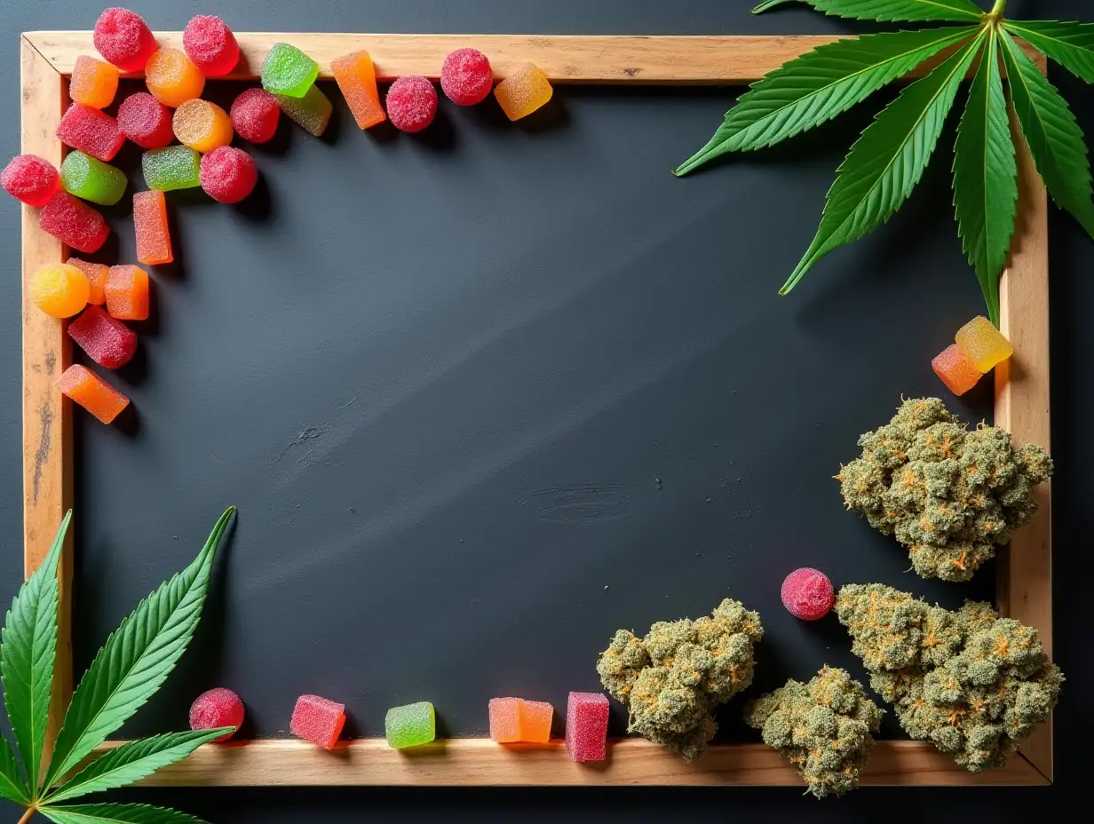 Flat-Lay-Composition-of-Gummy-Candies-and-Cannabis-Buds-on-Chalkboard