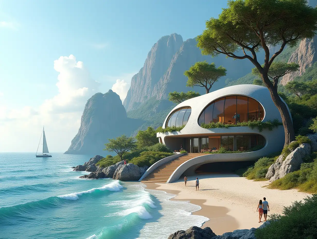 Create a high-resolution, realistic panorama image of a futuristic terrace building with steps to the sea window snail house with many plants and gray and brown facades a beach with people a yacht on the sea waves, large trees, blue sky