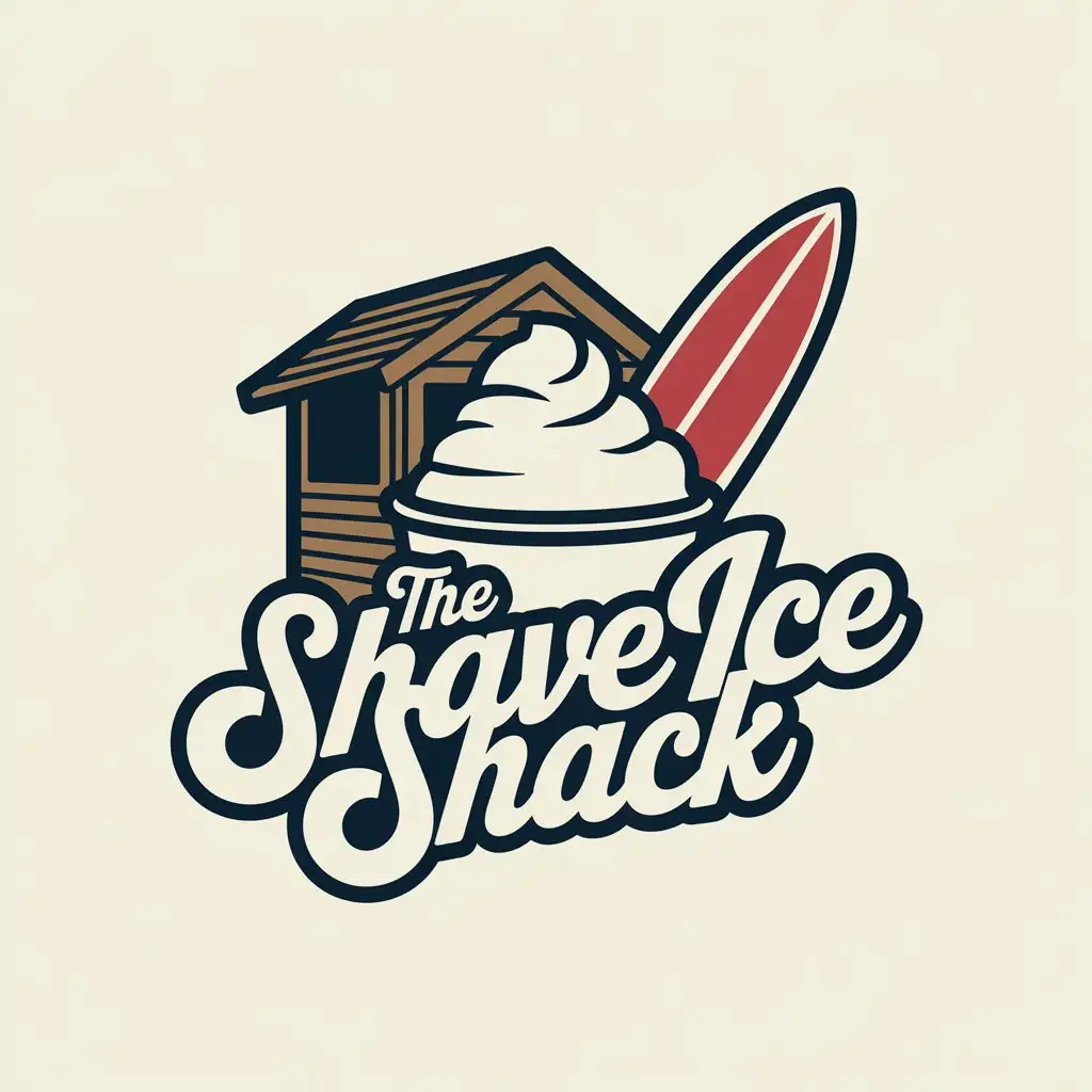 LOGO Design for The Shave Ice Shack Cream Snow Cone with Tilted Surfboard Retro Script and Teak Brown Shack Silhouette