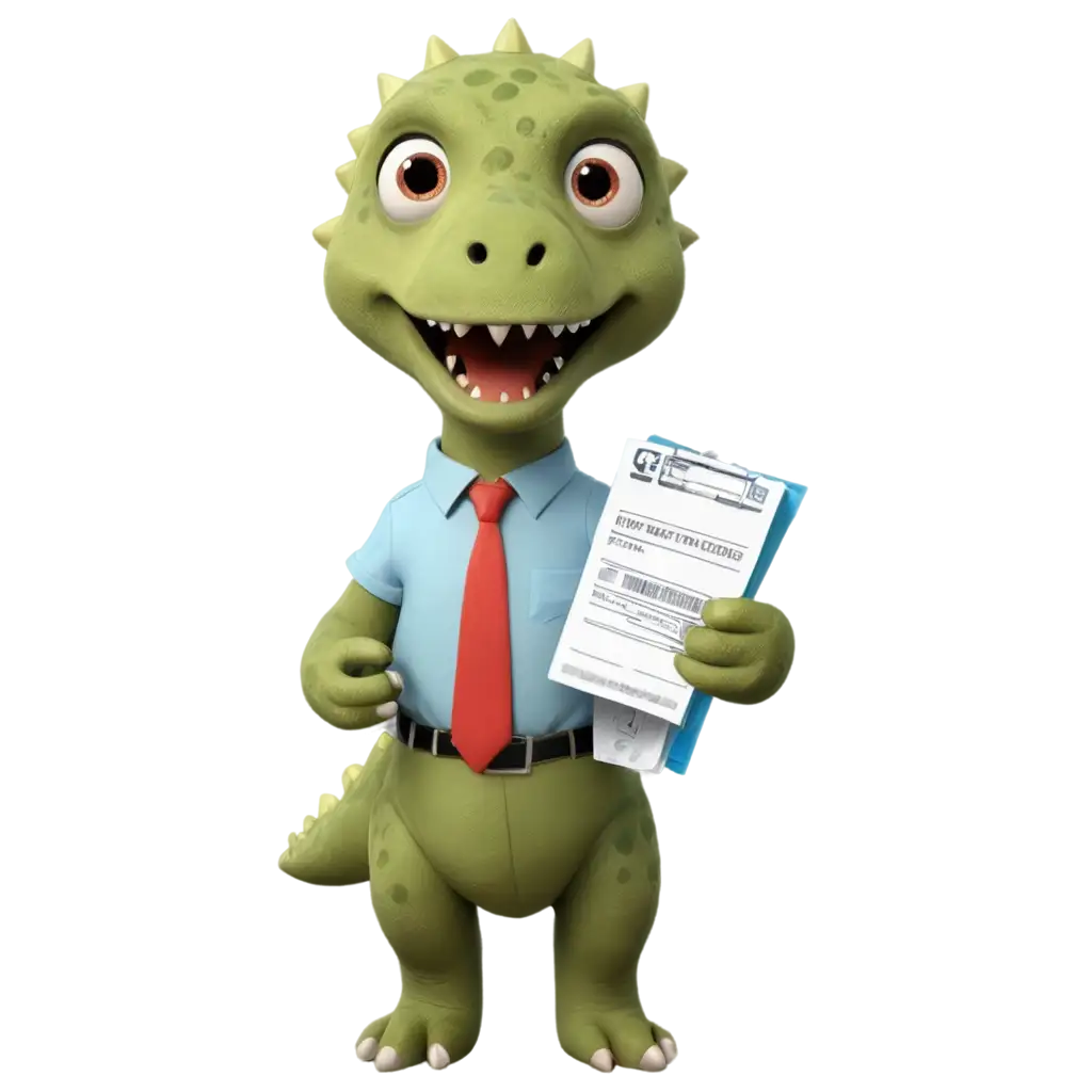 Cute dinosaur holding utility bills and looking sad and shock.