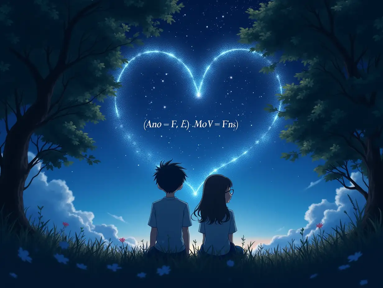 a boy with glasses sitting on a tree, a girl with glasses sitting on a tree, under a starry sky, the space between them is a heart-shaped curve of a mathematical formula and its graphical image, aspect ratio 2:1, anime style