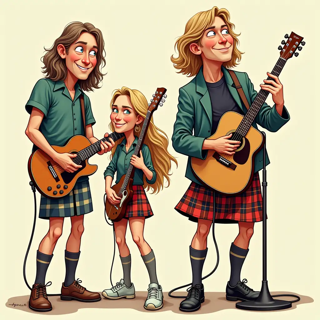 A cartoon of Scottish rockers stars. Male and female, all wearing rattan and playing instruments 