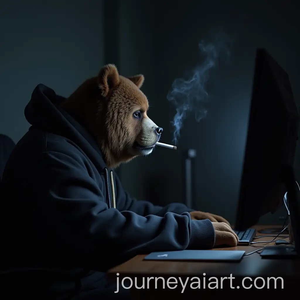 Sad-Russian-Bear-Hacker-in-Sweatshirt-Smoking-Cigarette-at-Computer