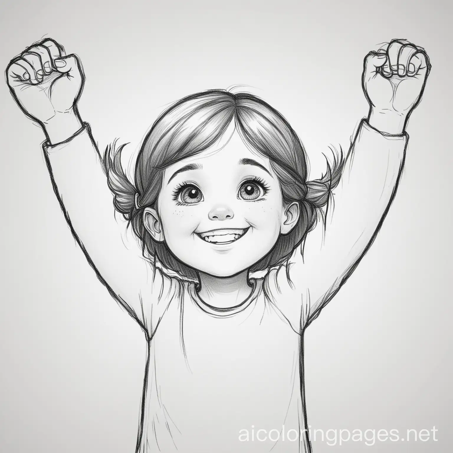 a little girl has her arms lifted up she is smiling and happy, Coloring Page, black and white, line art, white background, Simplicity, Ample White Space