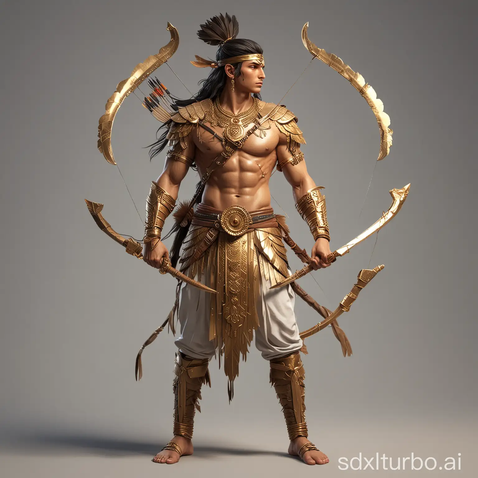 anime man  cool adolescence as a ancient INDIAN warrior  with  magical  bow in gold color full body