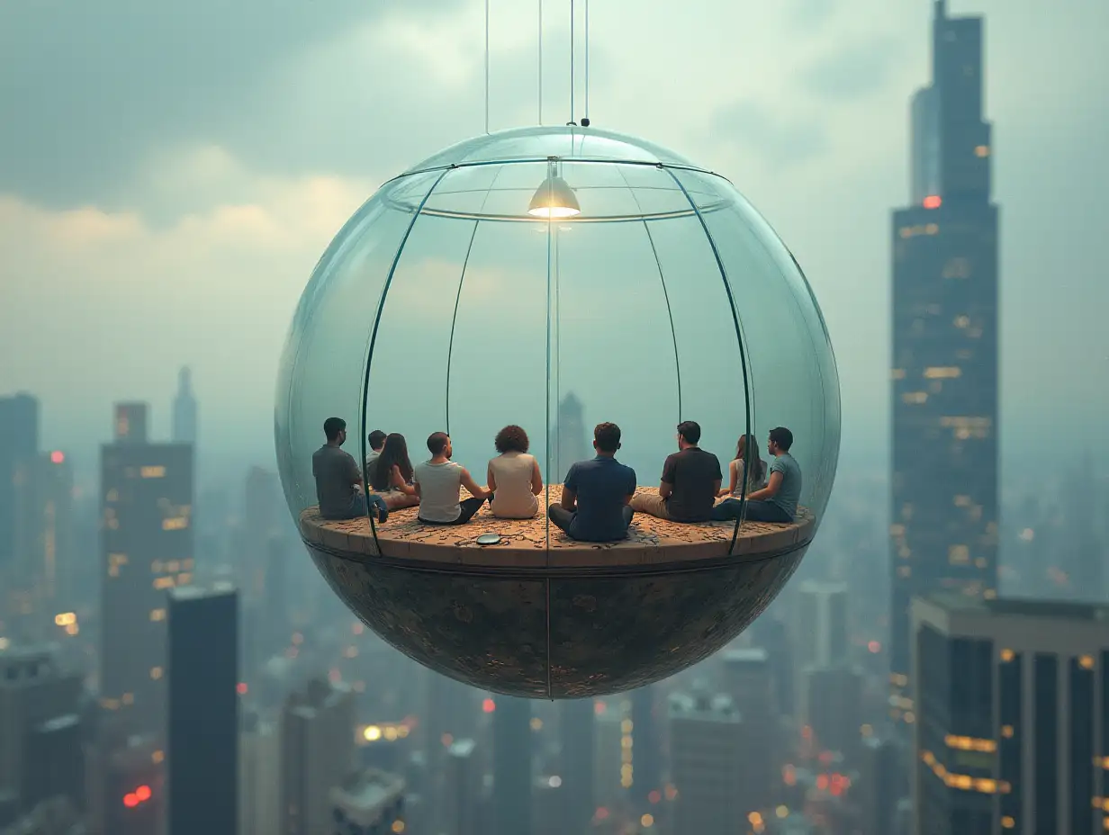 ultradetailed hyperrealistic photo-realistic portrait many flying large glass bowls with seating inside with people sitting and looking down at the city textures, surfaces and lighting to give depth, dimension and a photo-realistic look sharp all