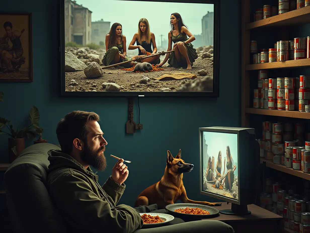 The picture is divided into two parts horizontally. At the top, on the ground among ruins, a group of vagrants consisting of three glamorous women in tattered rags, roast a rat on a spit. Below, from the bunker, a bearded man in camouflage sits on a couch, watching this scene with interest on the monitor screen, eating canned stew with a spoon, next to him sits a German shepherd. Along the wall of the bunker shelves with rows of cans of canned food. A touching picture.