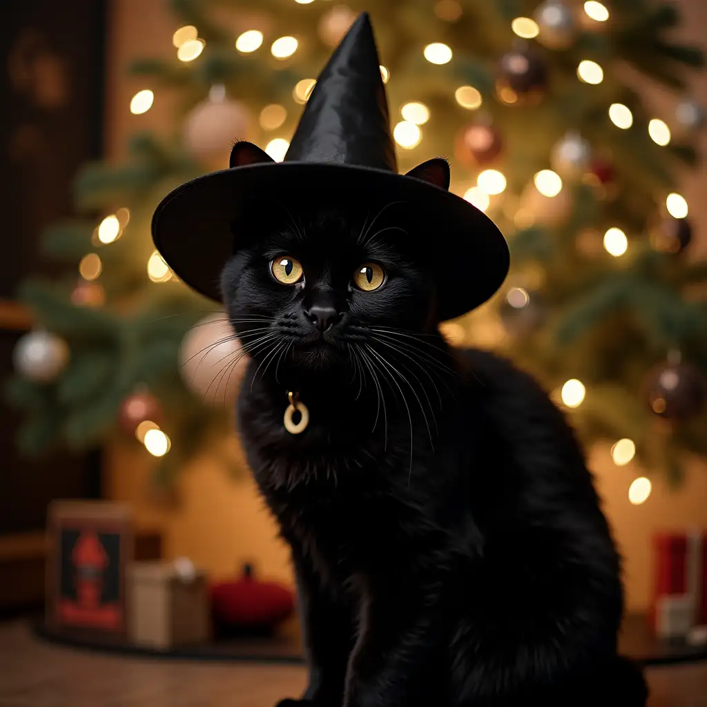 Black cat wearing a witch hat, sitting next to Christmas tree