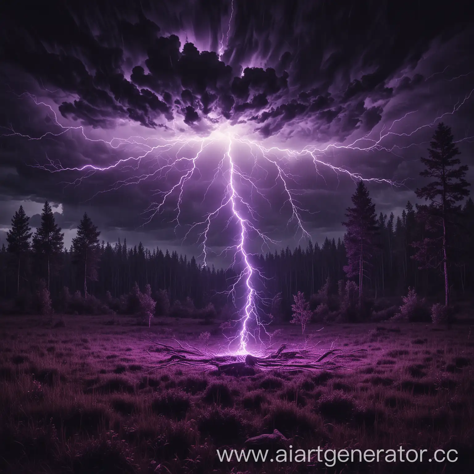 a thunderstorm in a field, a forest behind, a dark night, dark purple lightning, a square of neon glow in the center