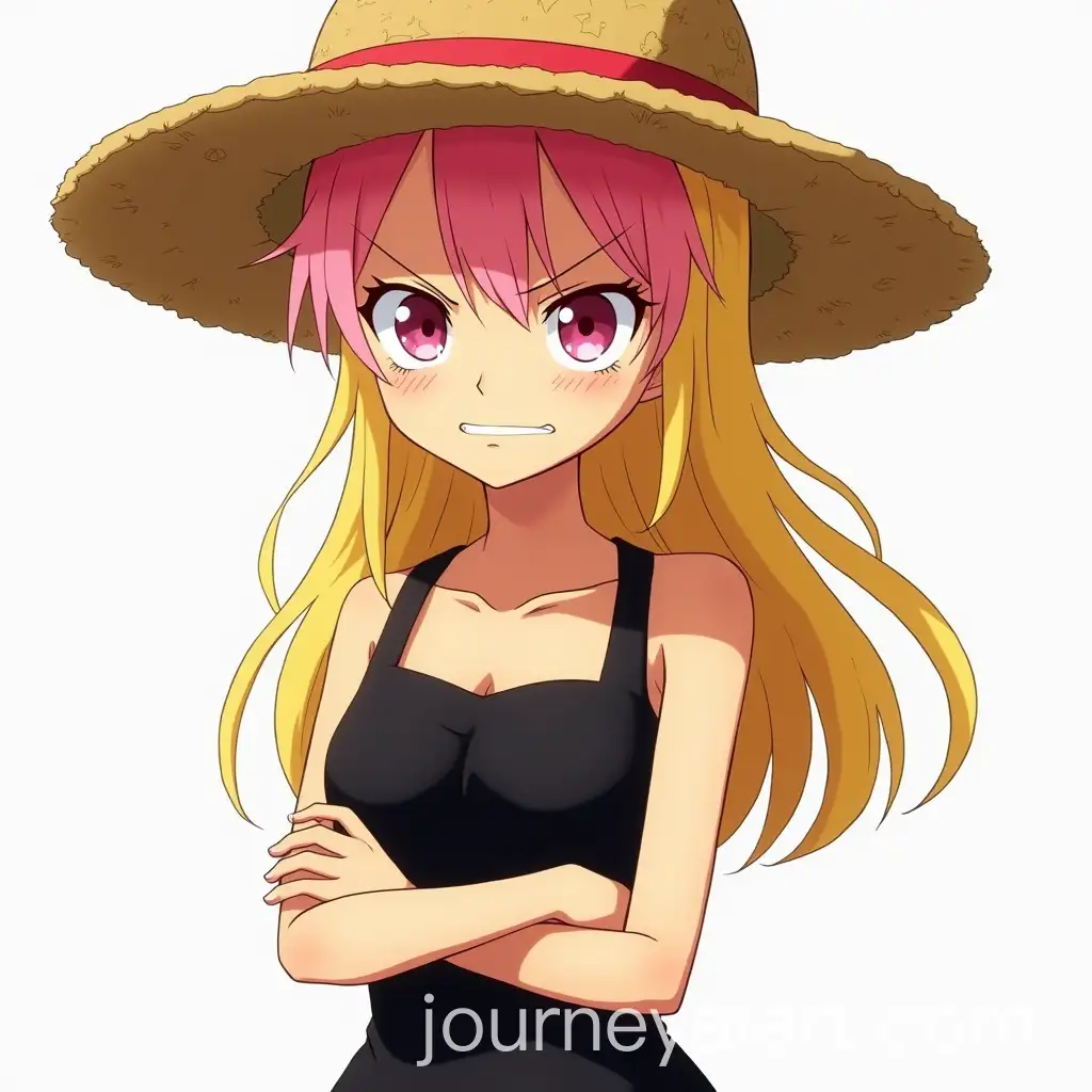 Blonde-Anime-Girl-with-Pink-Highlights-and-Straw-Hat-Showing-Anger