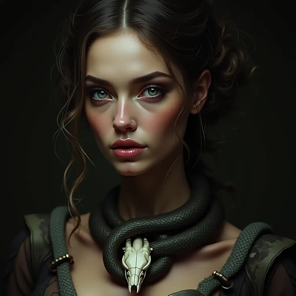 Ultradetailed hyperrealistic digital portrait of a woman with snake head and skull necklace with meticulous attention to texture, surfaces and lighting, to give depth, dimension and a photorealistic appearance.