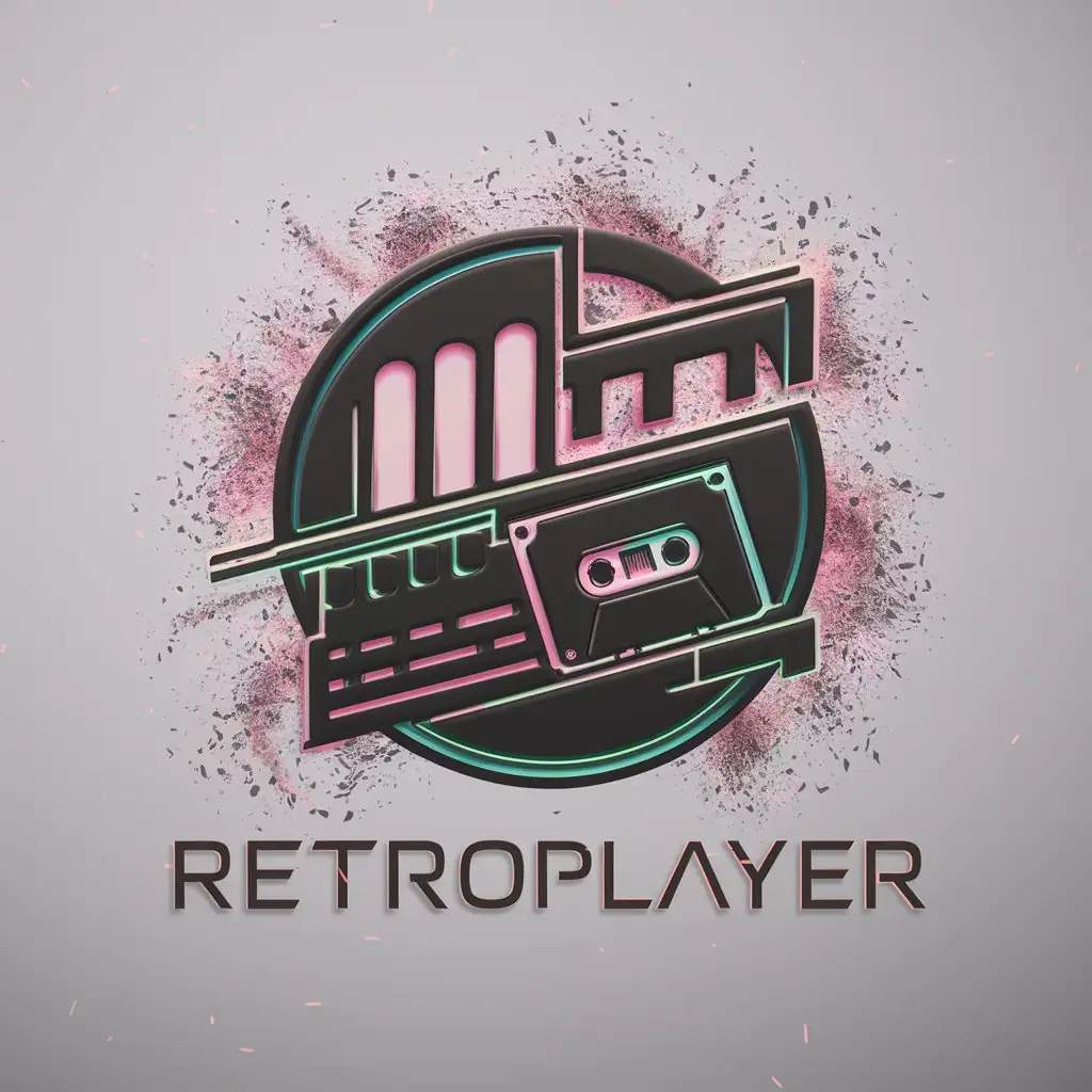 a logo design,with the text "RetroPlayer", main symbol:synthwave,rhythm,tape,music,Synthwave,particle effects,neon light,Moderate,clear background