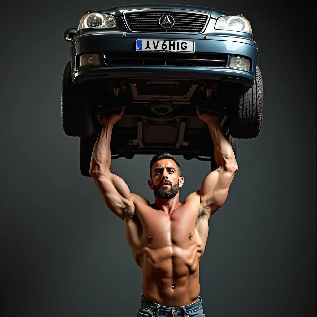 Muscular Bodybuilder Lifting Car