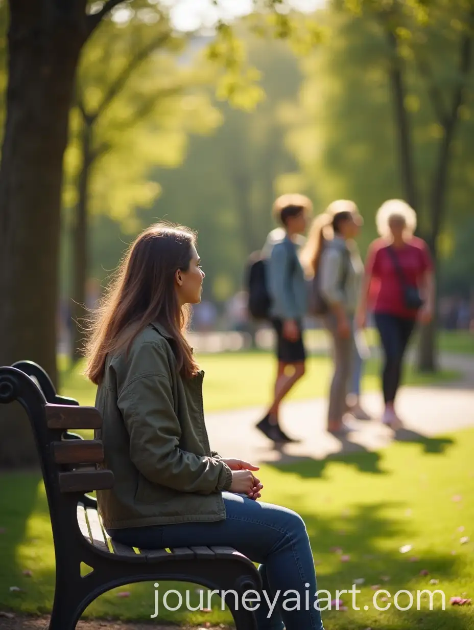 Woman-Sitting-on-Bench-Watching-Happy-People-in-Sunny-Park