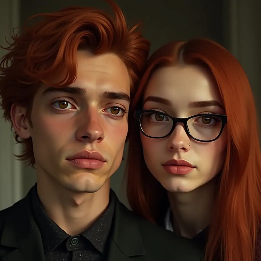 Photo in the style of realism. Handsome young man with red, thick hair. Amber, tired eyes. Wide eyebrows. Dark circles under eyes. Long face. Upturned nose with a hump. Cheeks. Dressed in stylish clothes. Next to a girl with straight red hair. Brown eyes. Thin eyebrows. Soft facial features. Glasses. Dressed in stylish clothes. Like a photo from a movie.