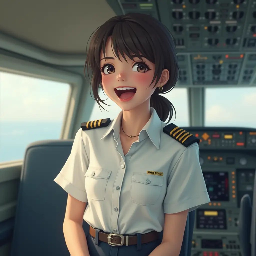 pilot girl in white down-button shirt, laughing, open mouth, red lips, belt on waist, hd,ultra- realism