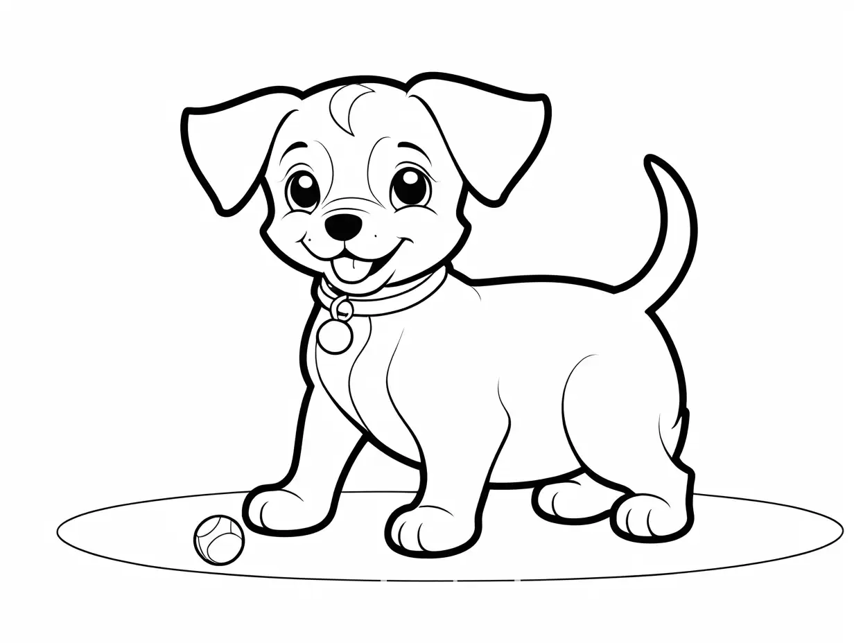 Puppy playing with a ball, Coloring Page, black and white, line art, white background, Simplicity, Ample White Space. The background of the coloring page is plain white to make it easy for young children to color within the lines. The outlines of all the subjects are easy to distinguish, making it simple for kids to color without too much difficulty