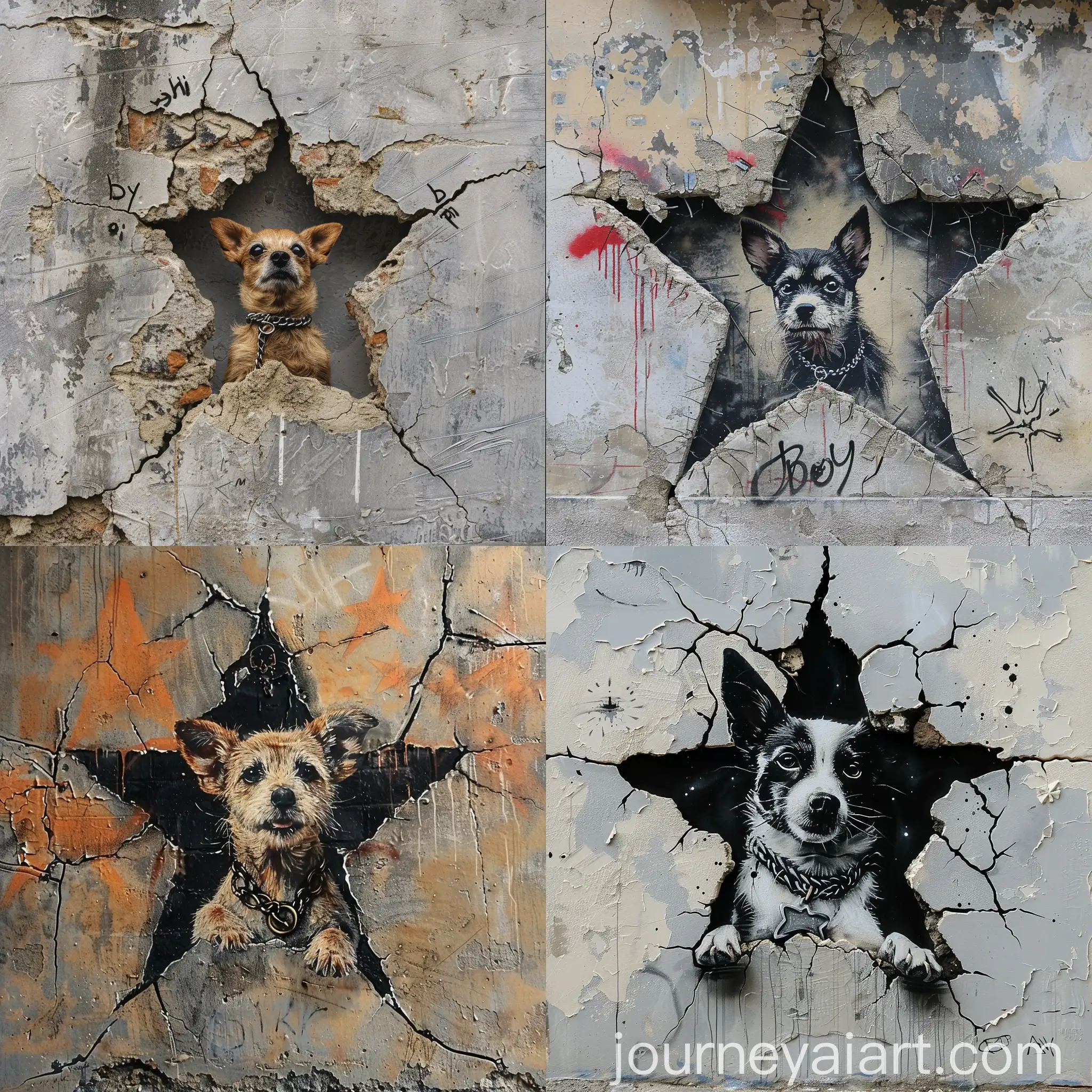 Dog-with-Necklace-Emerging-from-StarShaped-Wall-Crack