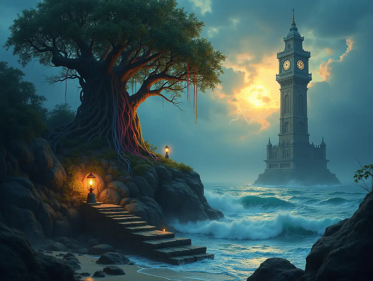 In creating a digital painting, a Tarzan with rainbow root hair transforms into a building with stones and lighting. Trees with roots and rocks and lantern at the sea, with large clock tower. A big tower reaches the sky with laterns and the sun shines through the clouds, from sea is a stairway to heaven High waves and lightning