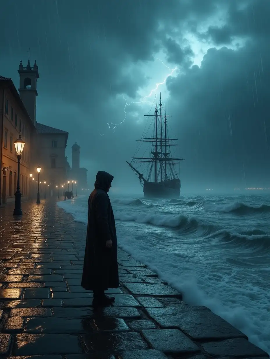 Dark-Fantasy-Winter-Storm-at-an-Italian-Port-with-Solitary-Figure-and-Old-Galleon
