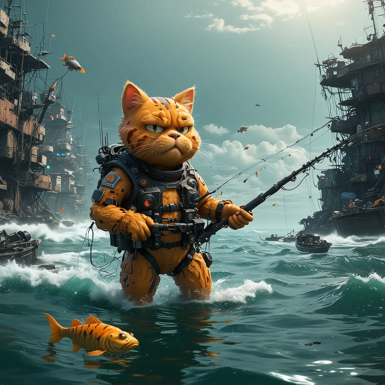 Garfield-Cyberpunk-Adventure-Swimming-and-Fishing-in-the-Sea