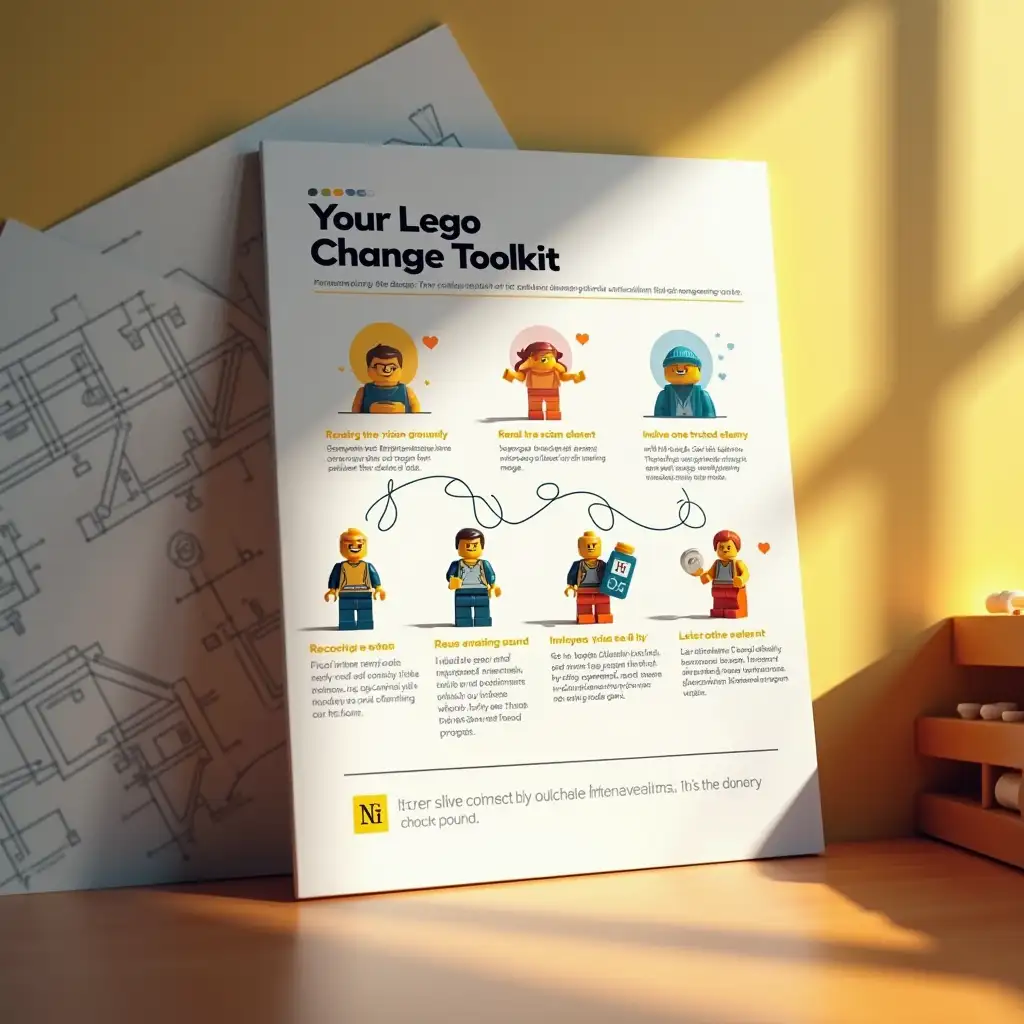 Create a visually engaging 'cheat sheet' style slide titled 'Your Lego Change Toolkit,' illustrating 5 essential change management principles. Avoid literal Lego depictions, instead using abstract geometric shapes and connecting lines to represent the concepts: 'Recognise effort' 'Reveal the vision gradually' 'Reuse one trusted element' 'Involve voices early' 'Let pride become fuel for progress' The design should be modern and minimalist, with a focus on clarity and visual impact. Organize the information in a structured, easy-to-follow format, typical of a cheat sheet. The mood is hopeful and collaborative. Light streams in from the side, casting soft painterly shadows. Include blueprint diagrams faintly in the background, suggesting intentional design. Use warm, trust-evoking tones.