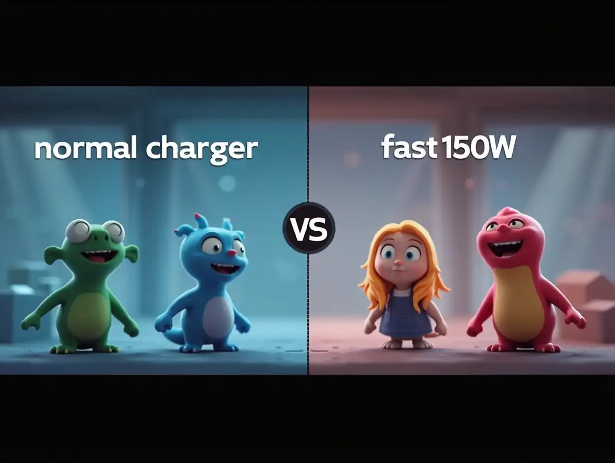 Create a dynamic thumbnail with a 16:9 aspect ratio. The main visual content should maintain a 4:3 ratio centered in the frame. Add black bars at the top and bottom to adjust the aspect ratio to 16:9, ensuring the main image remains intact without distortion. The thumbnail should include: Comparison animation showing normal charger (5W) vs. fast chargers (65W, 150W, etc.). Ensure the main focus is on the colored characters and title text while the black bars add cinematic framing to achieve the 16:9 aspect ratio.