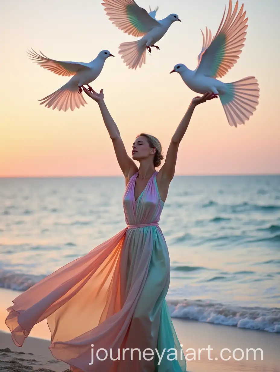 Woman-in-Iridescent-Gown-with-Tropical-Birds-on-Serene-Beach-at-Sunset