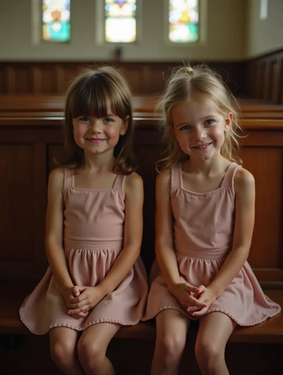 Two-Shy-Girls-Sitting-in-Church-Pew-with-Shiny-Skin