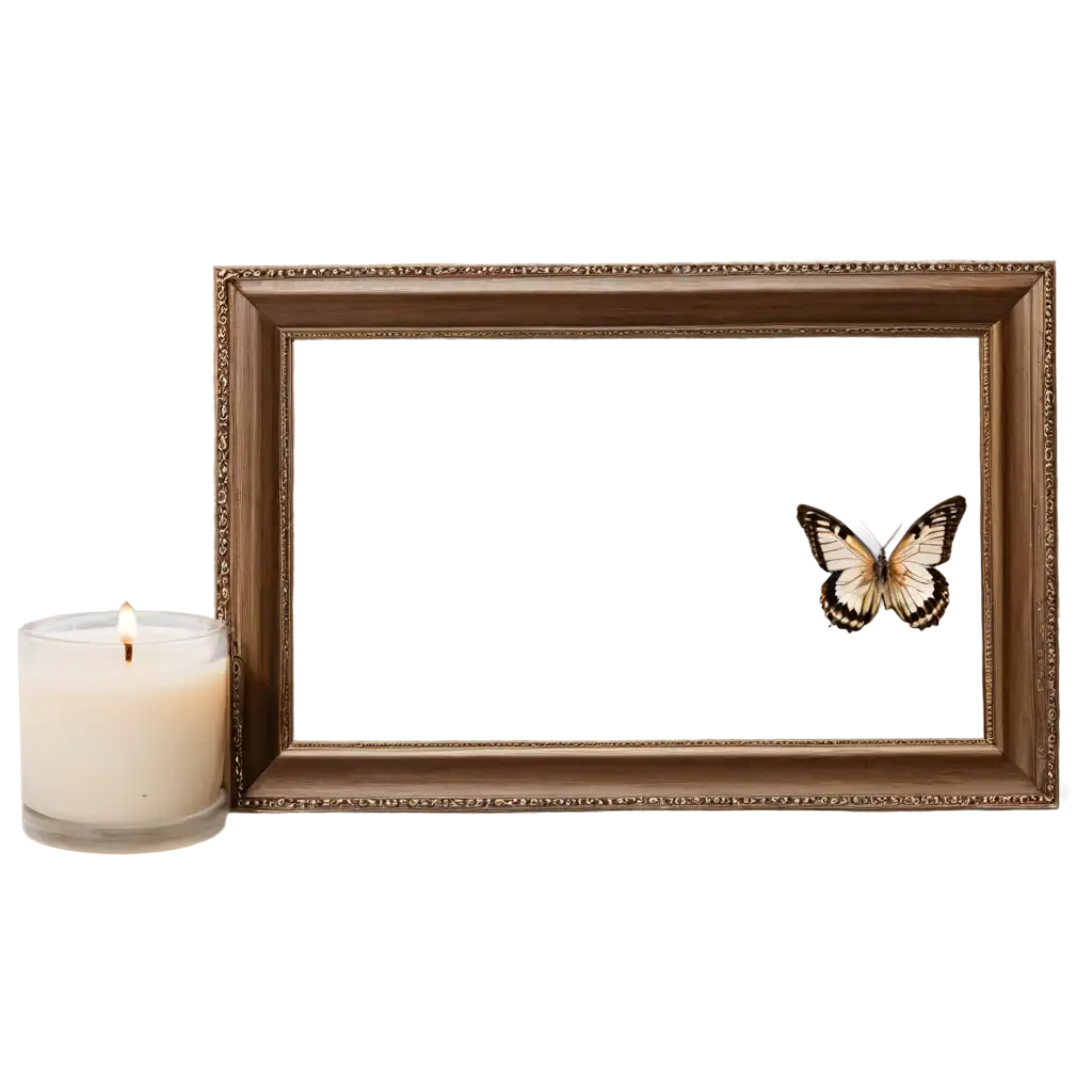 a picture frame next to candle and a butterfly for condolence meeting