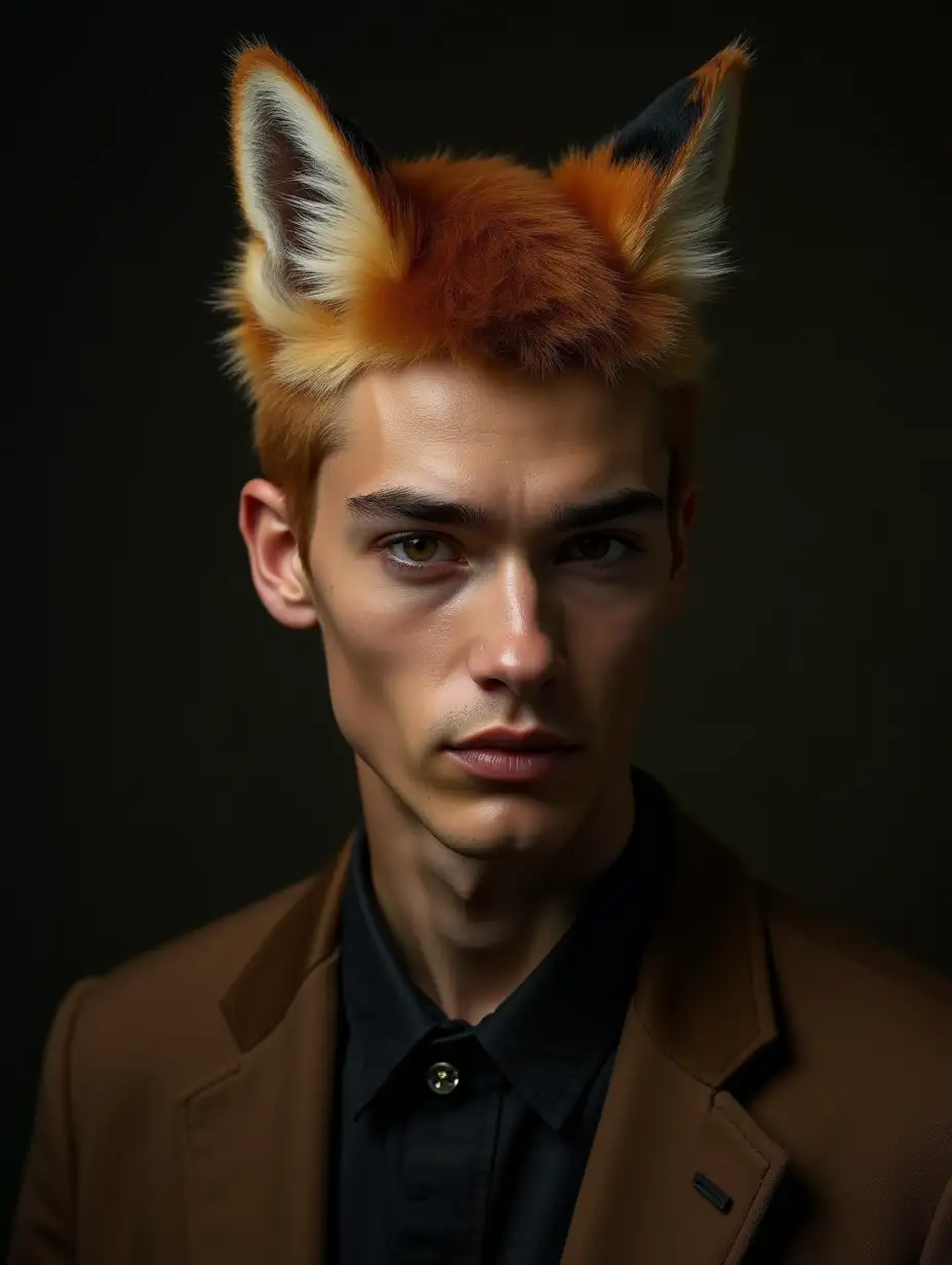 Hyperrealistic Fashion Portrait of an Androgynous Latino Model with a Fox Head