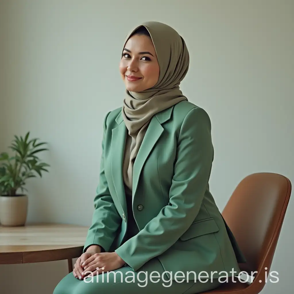 Elegant-Indonesian-Woman-in-Office-Uniform-with-Hijab-Sitting-at-Desk