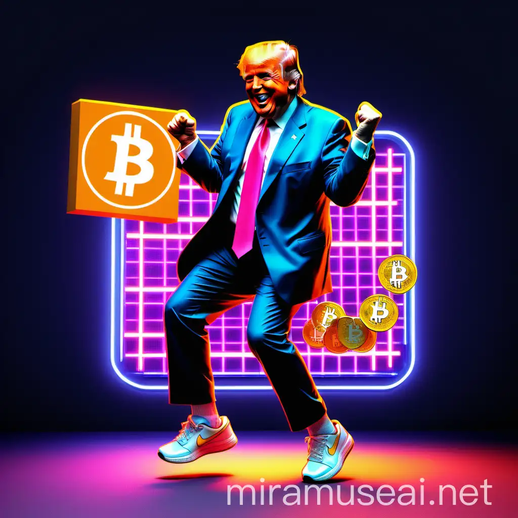 Donald Trump Dancing with Bitcoin in Neon Square