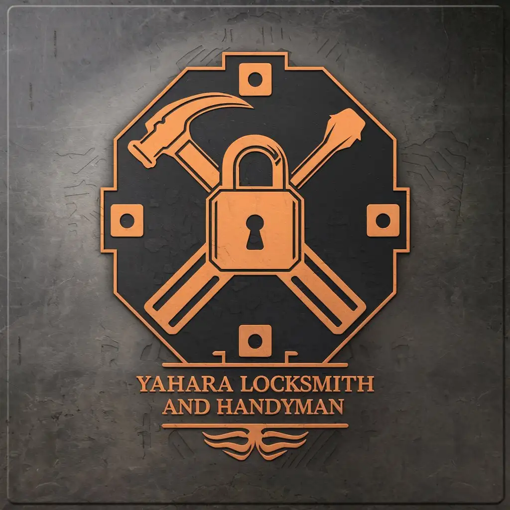 LOGO Design for Yahara Locksmith and Handyman Industrial Theme with Orange Padlock Hammer and Screwdriver