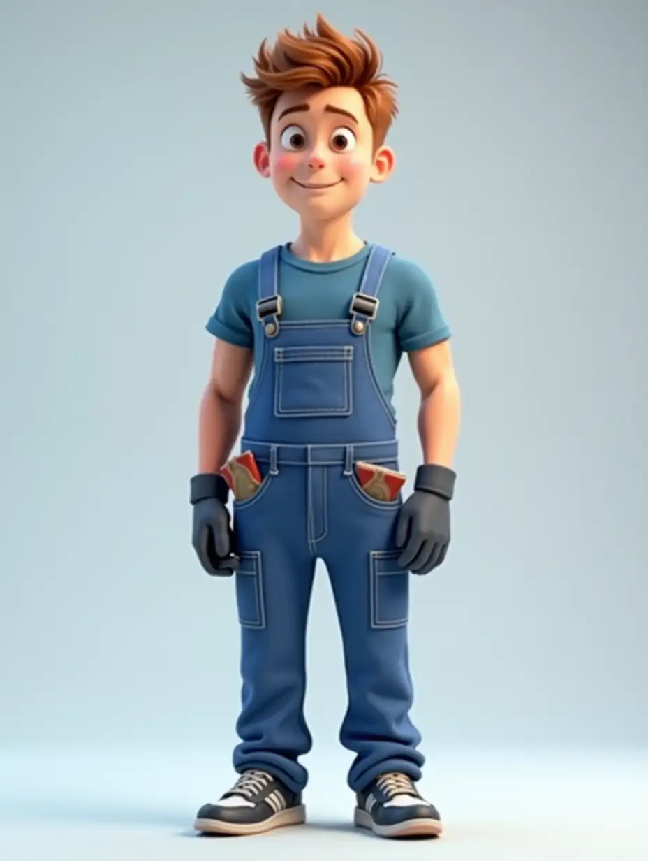 a 25 year old man, looking straight ahead, standing full height, of European appearance, with chestnut hair, short haircut, athletic body. Wearing a blue t-shirt, blue overalls with pockets, gloves sticking out of the pockets, sneakers on his feet. Pixar 3d style. High quality image.