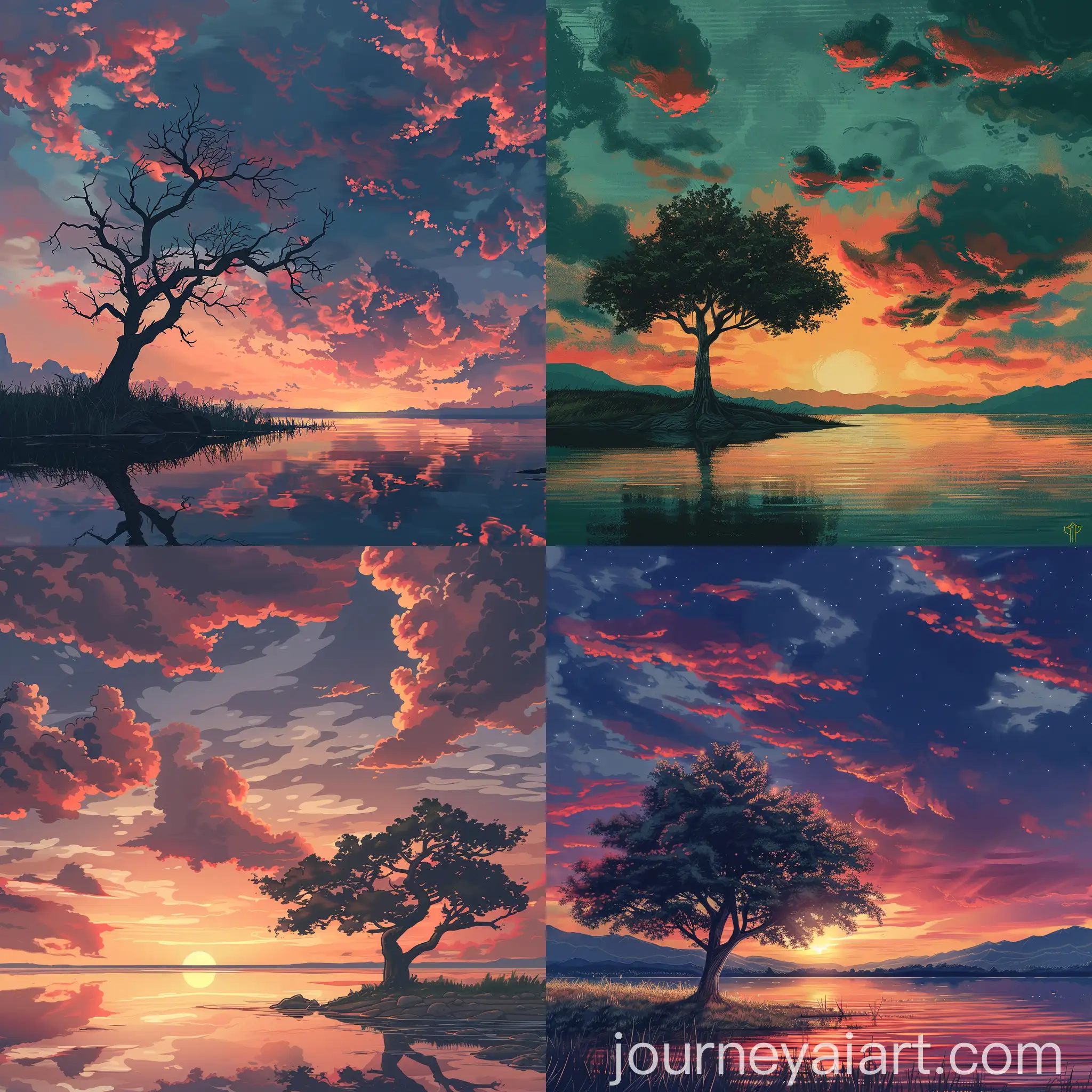 Solitary-Tree-by-Lakeside-at-Sunset-MyiazakiStyle-Clouds