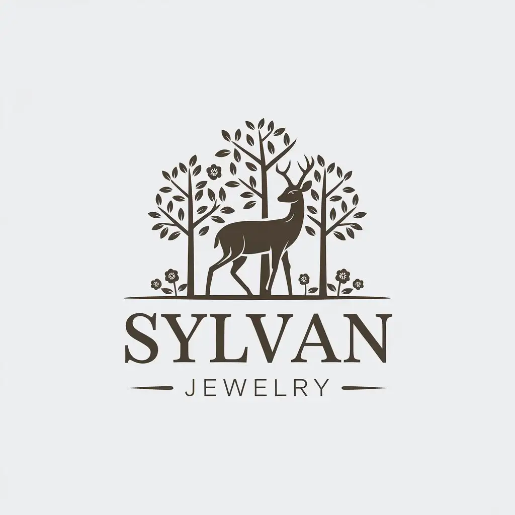 LOGO Design for Sylvan Jewelry Minimalistic Deer with Trees and Flowers Theme