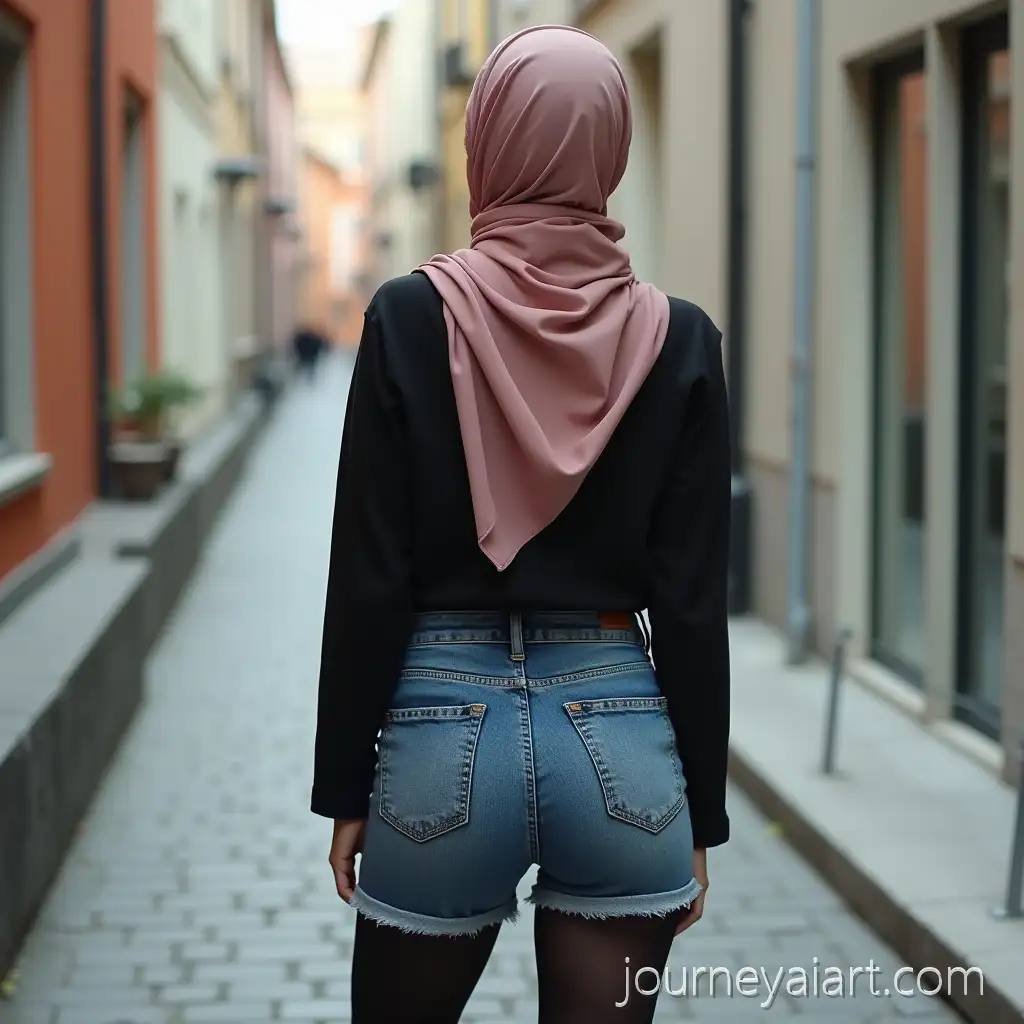 Woman-in-Hijab-andAI-Image-Prompt-Expansion-Denim-Shorts-from-Behind